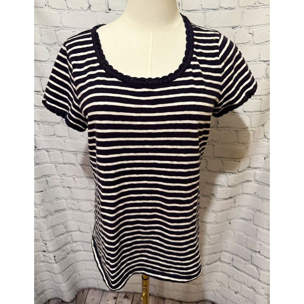 Talbots Navy White Striped Braided Scoop Neck Short Sleeve 100% Cotton Tee small